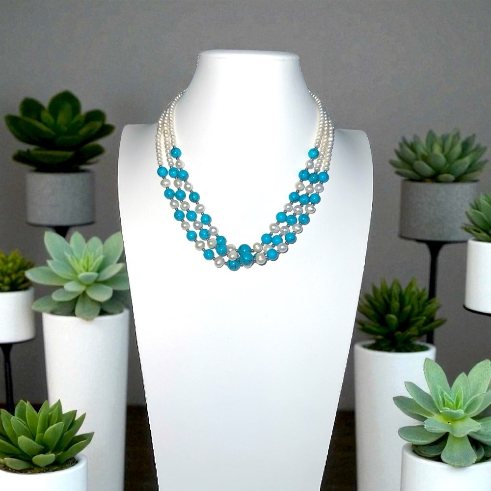 Danbury Mint Freshwater Pearl & Turquoise  3-Strand Necklace - Picture 2 of 12